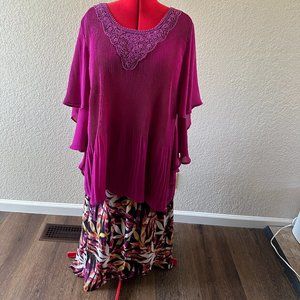 Catherines Skirt / Blouse Combo 2X(22/24)Magenta Pleated Blouse w/Tropical Skirt
